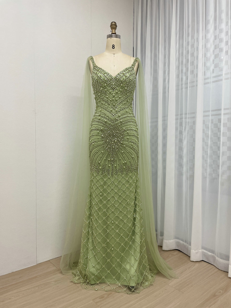 Spaghetti Strap Handmade Beading Cape Sleeve Nude Evening Dress MB40277