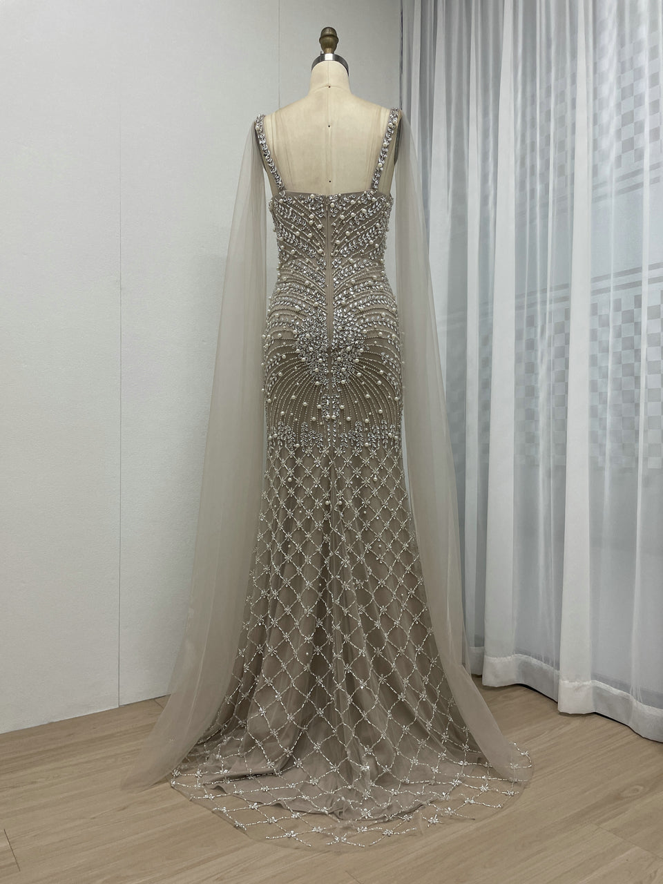 Spaghetti Strap Handmade Beading Cape Sleeve Nude Evening Dress MB40277