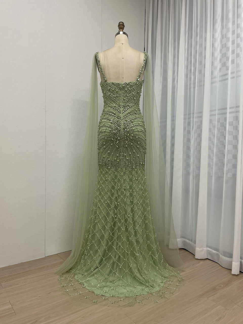 Spaghetti Strap Handmade Beading Cape Sleeve Nude Evening Dress MB40277