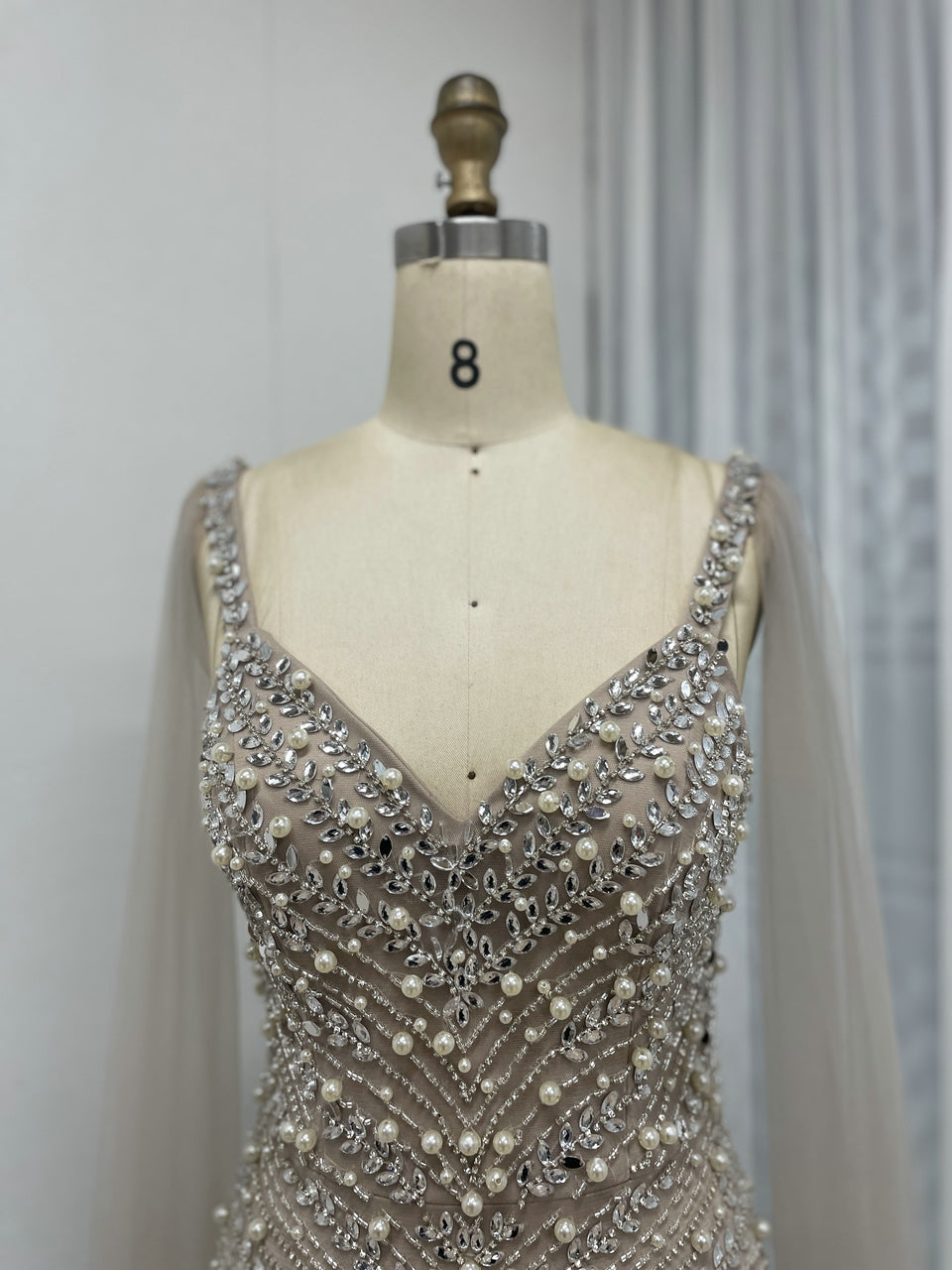 Spaghetti Strap Handmade Beading Cape Sleeve Nude Evening Dress MB40277