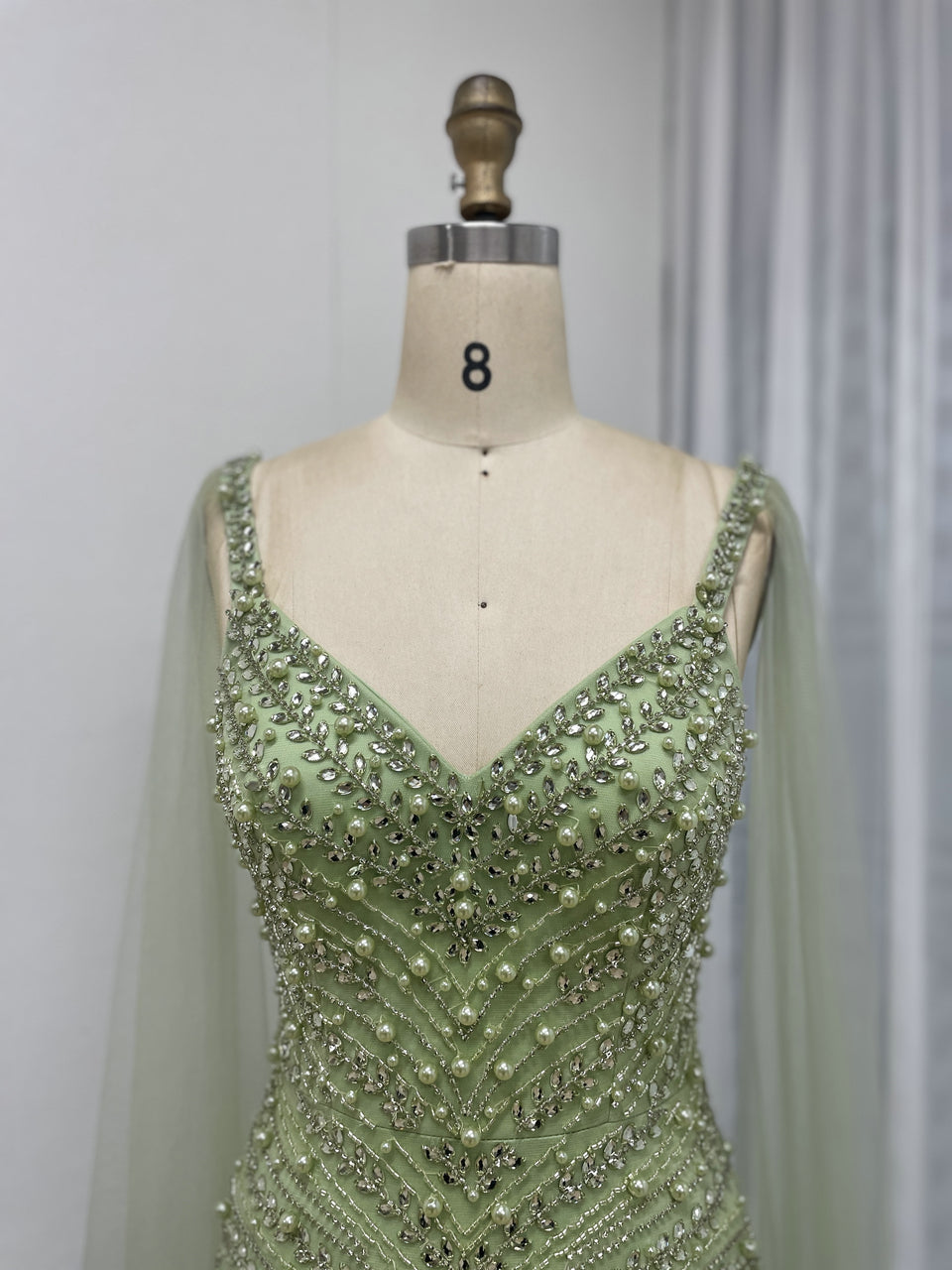 Spaghetti Strap Handmade Beading Cape Sleeve Nude Evening Dress MB40277