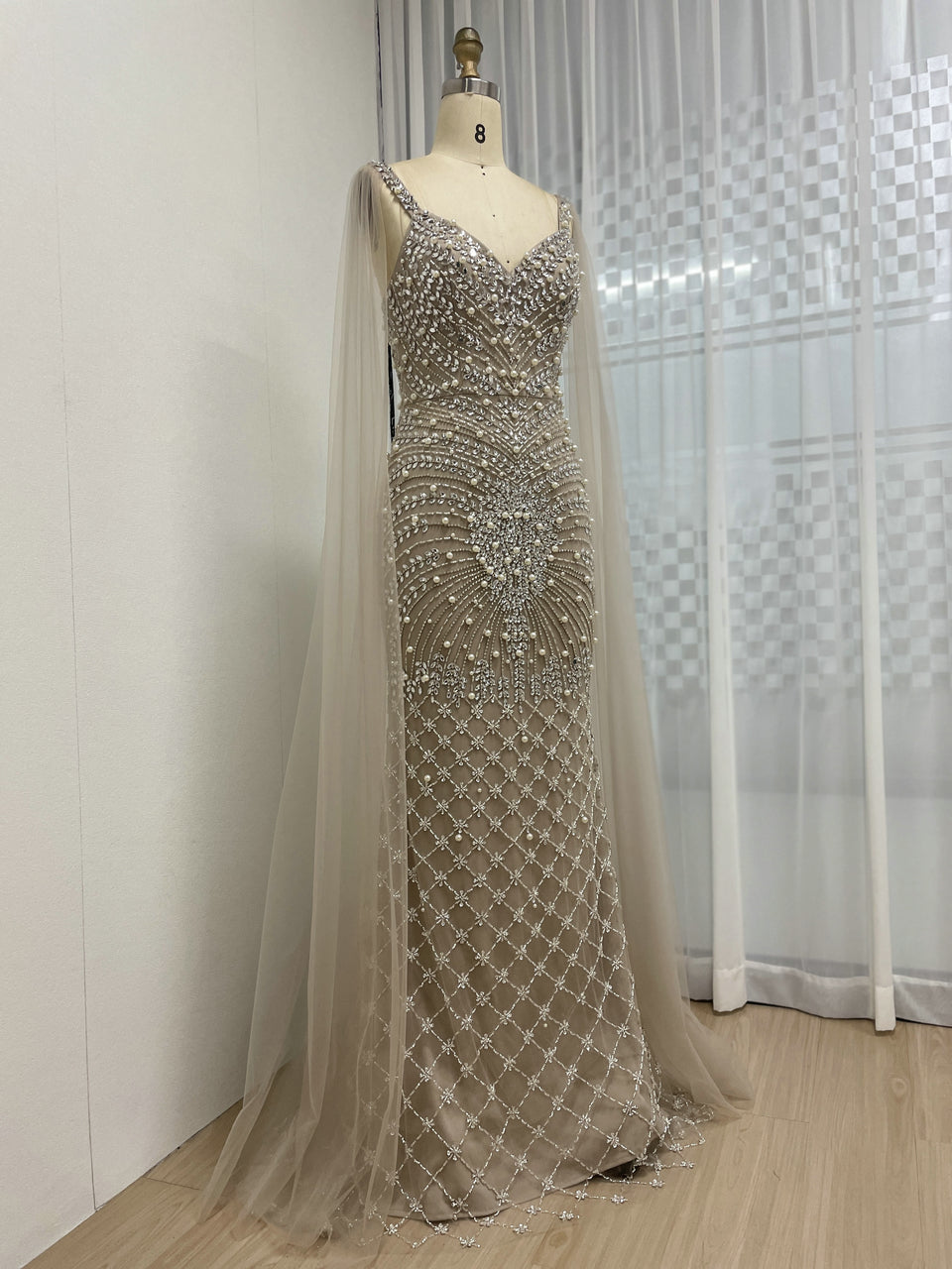 Spaghetti Strap Handmade Beading Cape Sleeve Nude Evening Dress MB40277