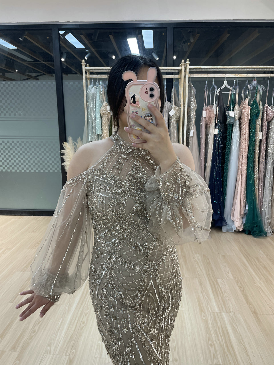 Halter Neck Couture Beading Long Sleeve New Year Party Dress MB40278