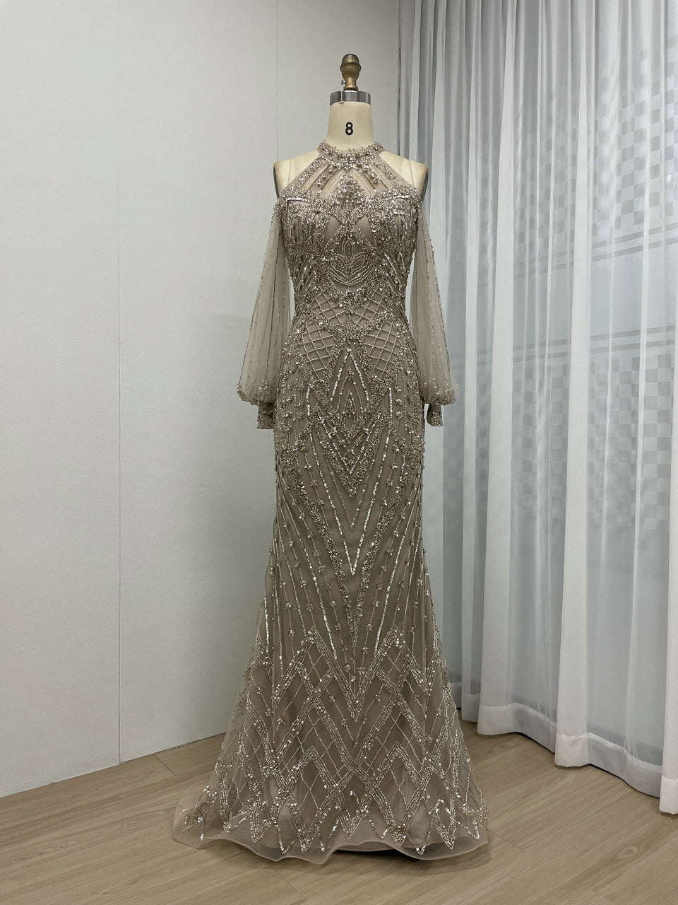 Halter Neck Couture Beading Long Sleeve New Year Party Dress MB40278