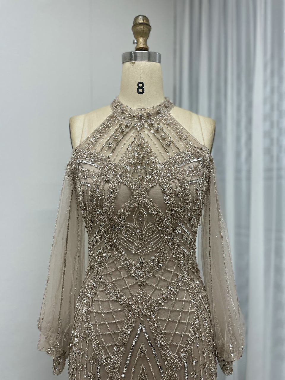 Halter Neck Couture Beading Long Sleeve New Year Party Dress MB40278