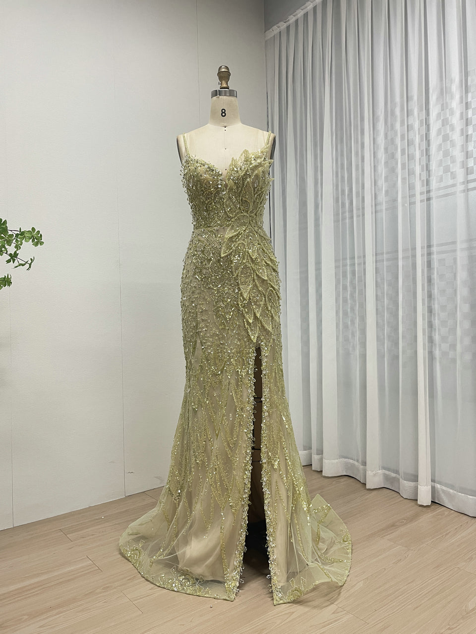 Luxurious Sexy High Slit Spaghetti Strap Beading Prom Evening Gown MB40280