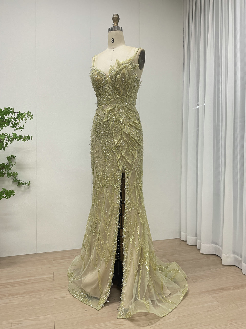 Luxurious Sexy High Slit Spaghetti Strap Beading Prom Evening Gown MB40280