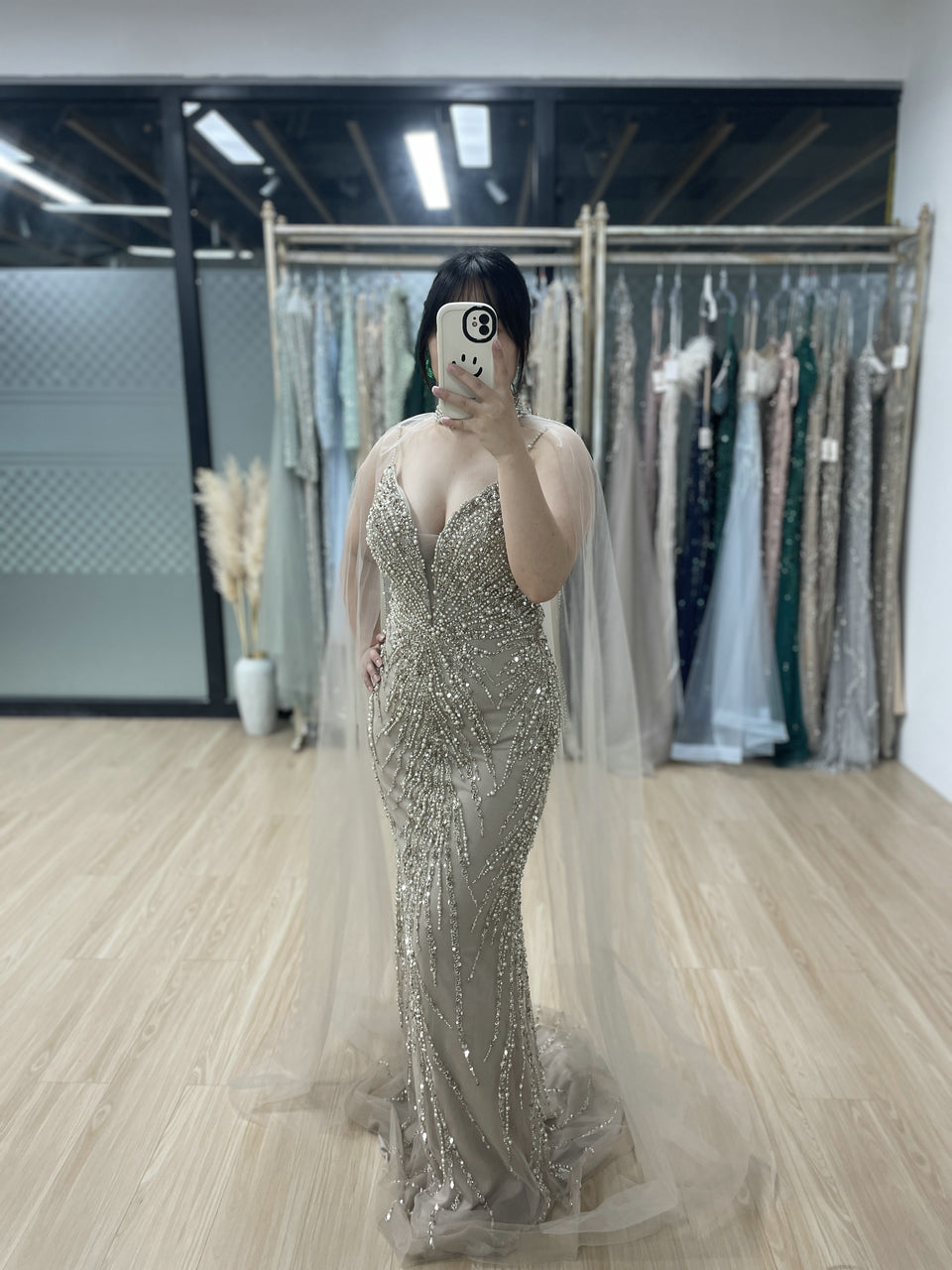 Removable Tulle Cape Low Back Beading Birthday Party Evening Dress MB40282