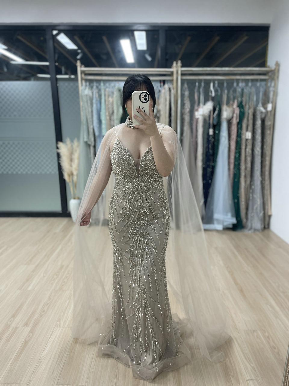 Removable Tulle Cape Low Back Beading Birthday Party Evening Dress MB40282