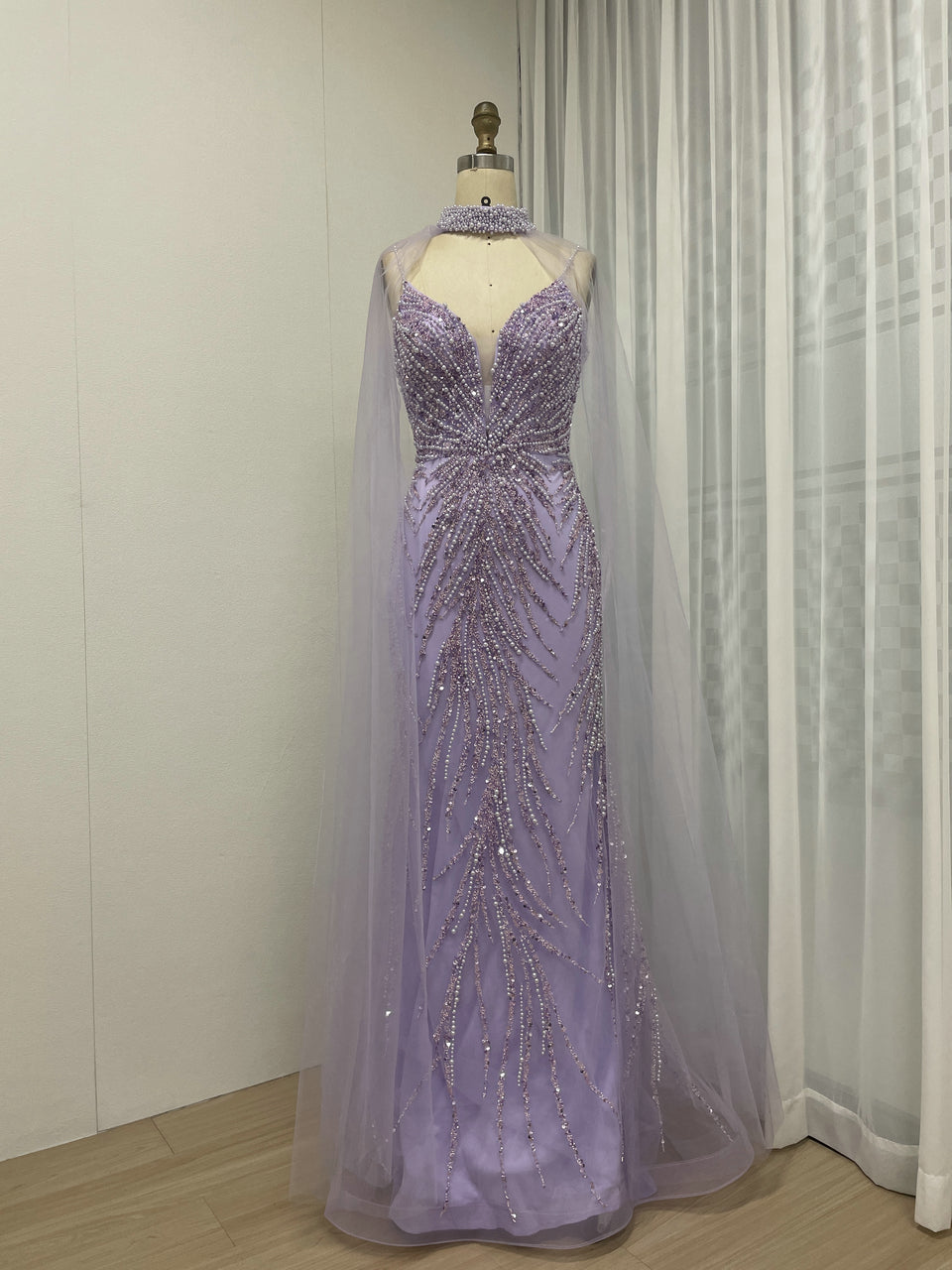 Removable Tulle Cape Low Back Beading Birthday Party Evening Dress MB40282