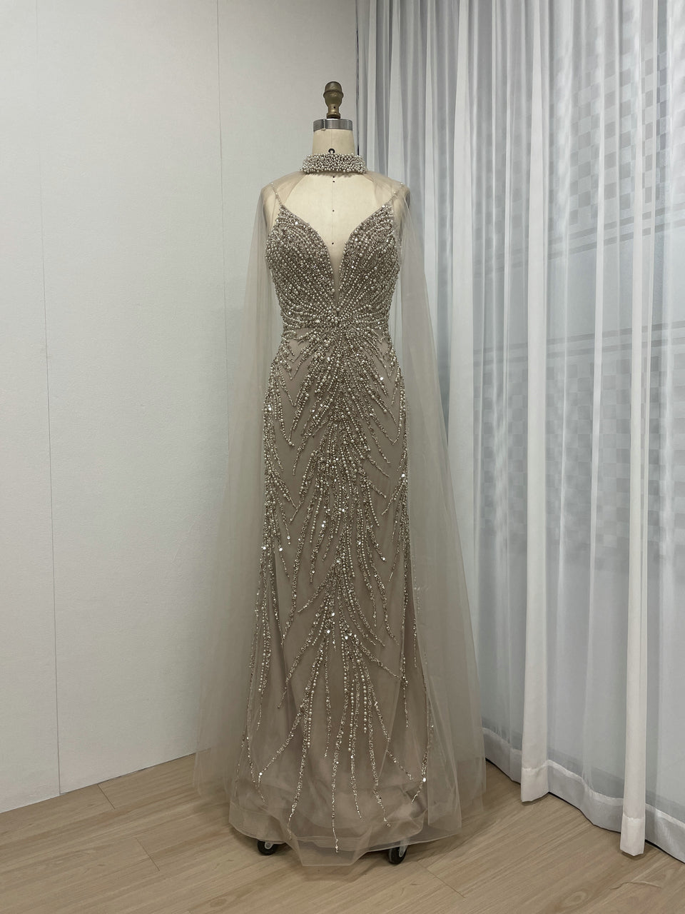 Removable Tulle Cape Low Back Beading Birthday Party Evening Dress MB40282