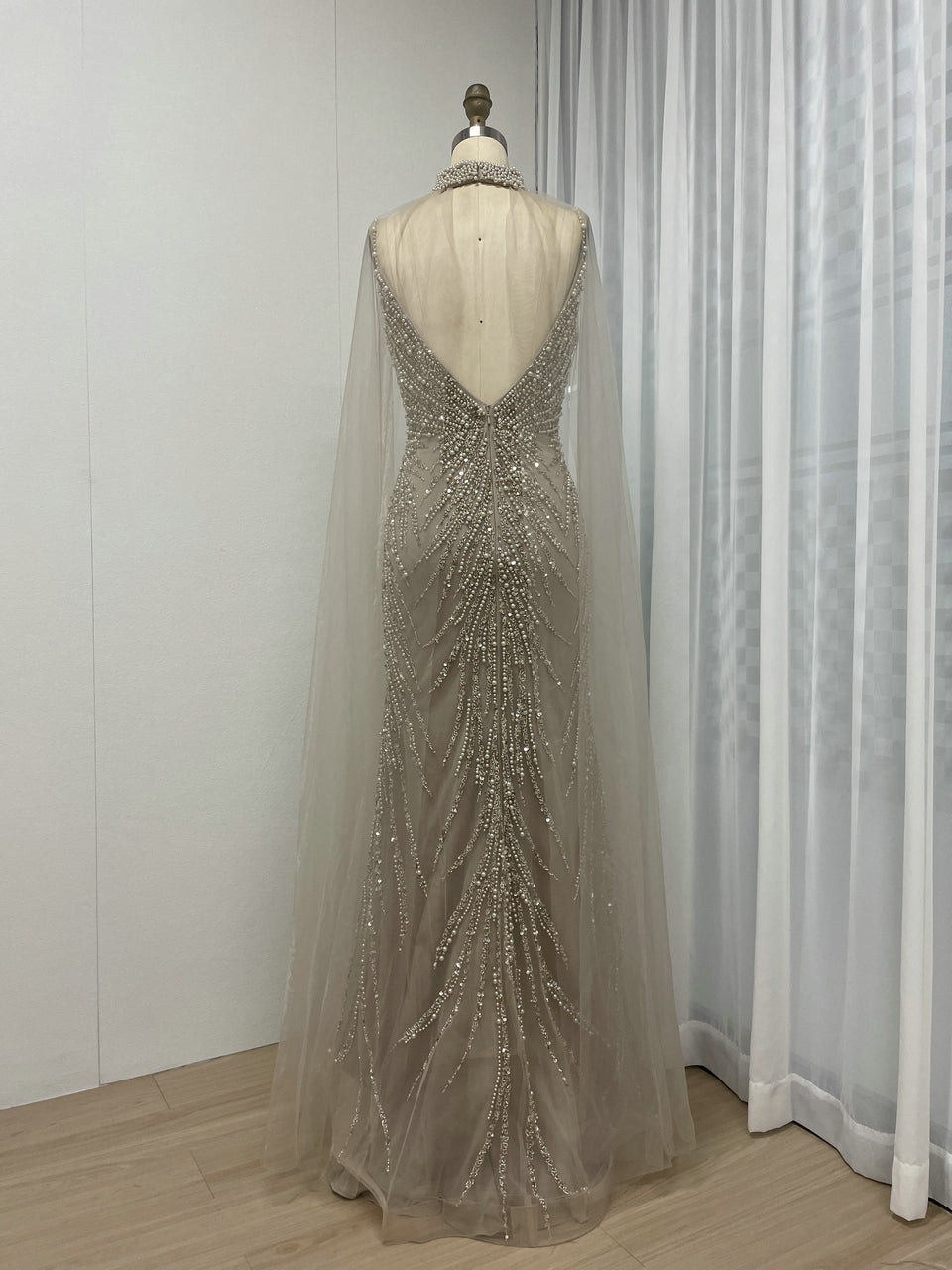 Removable Tulle Cape Low Back Beading Birthday Party Evening Dress MB40282