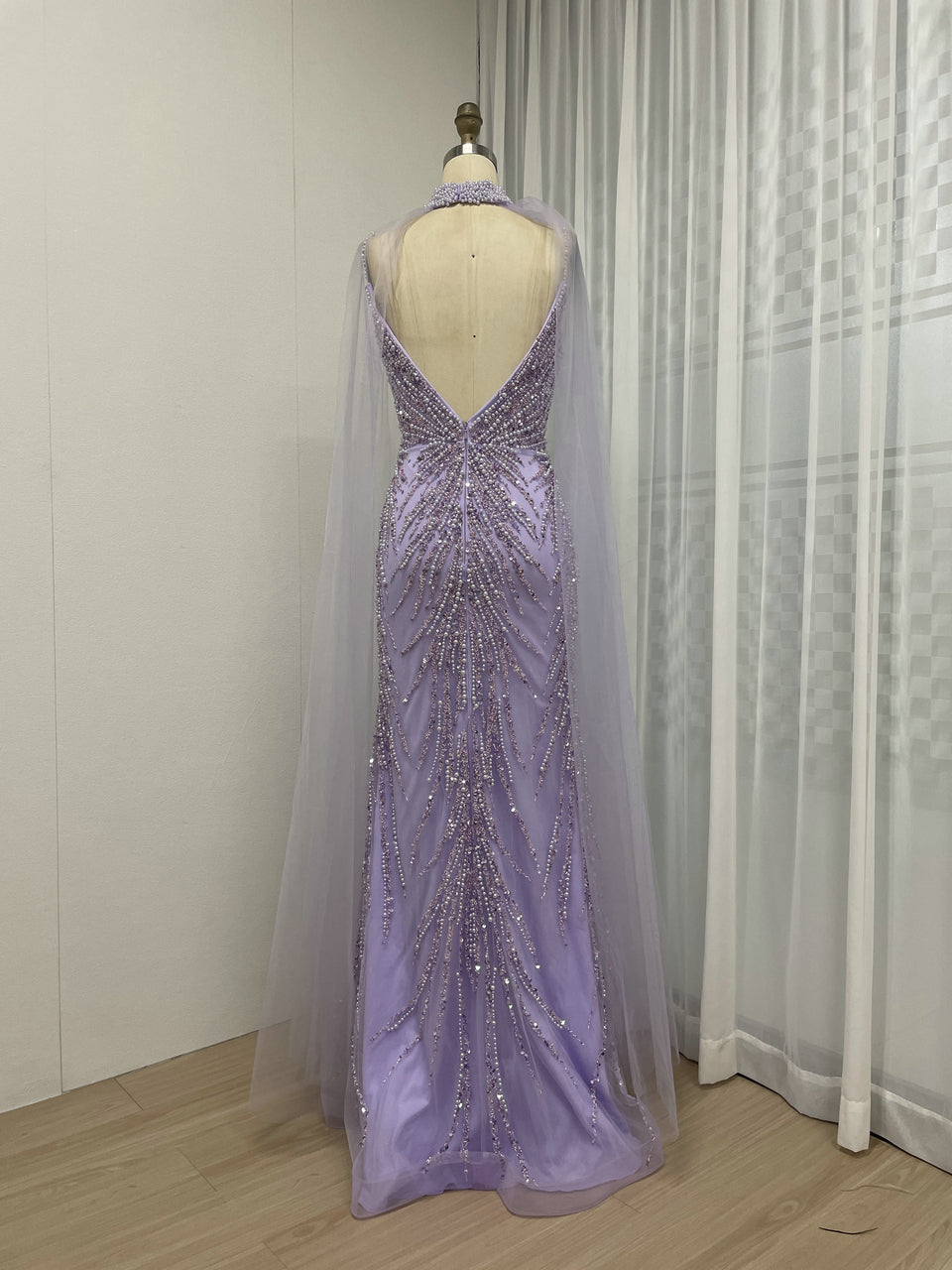 Removable Tulle Cape Low Back Beading Birthday Party Evening Dress MB40282