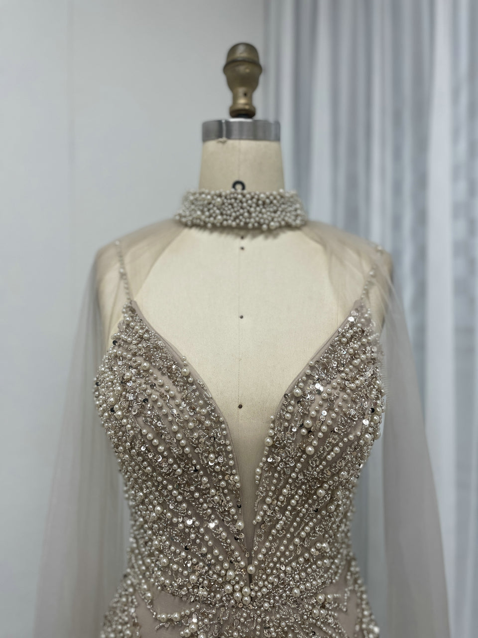 Removable Tulle Cape Low Back Beading Birthday Party Evening Dress MB40282