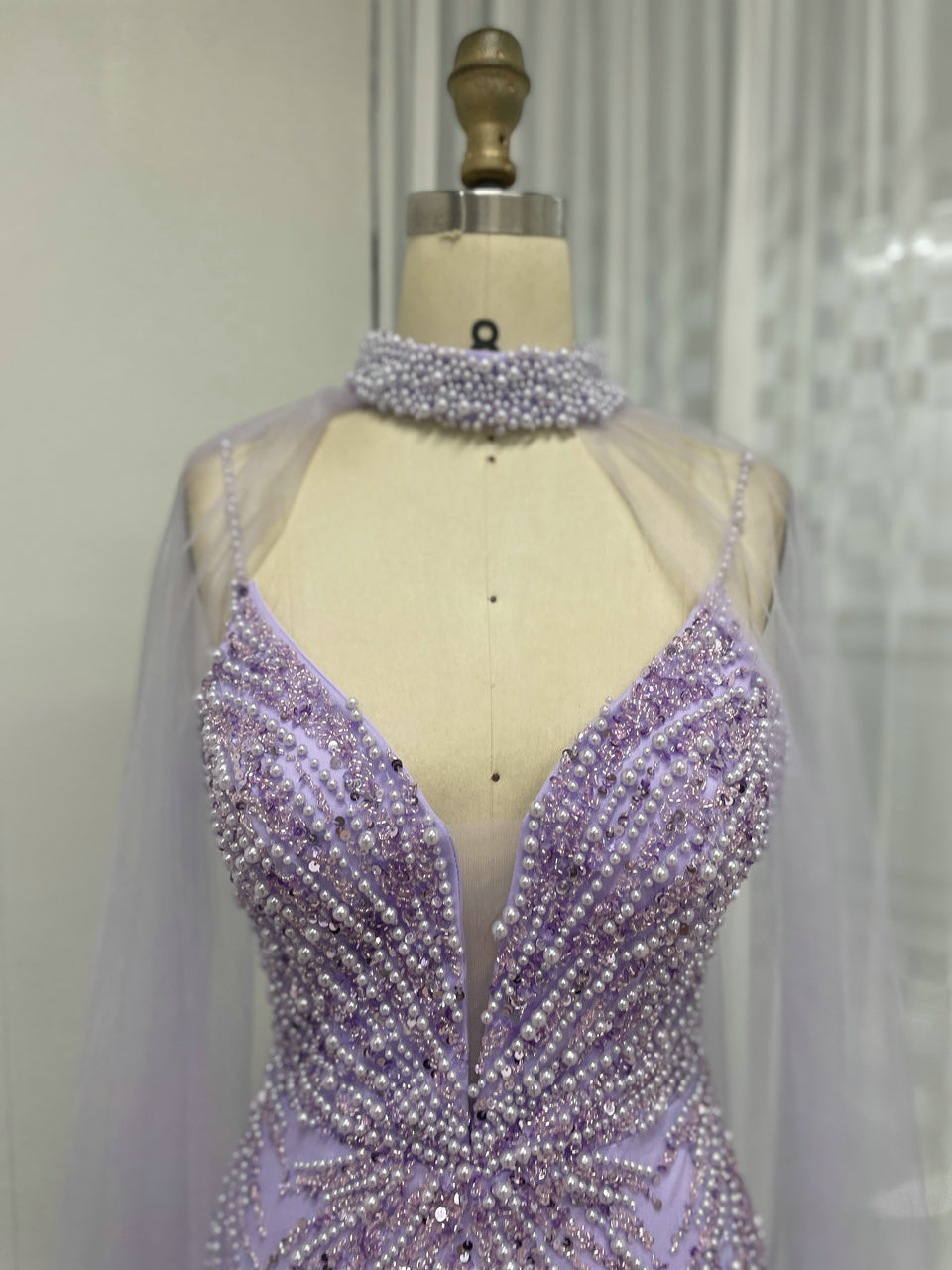 Removable Tulle Cape Low Back Beading Birthday Party Evening Dress MB40282