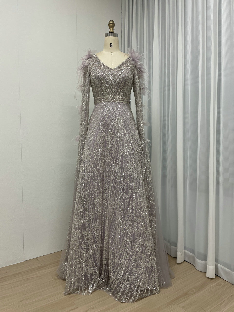 Luxury Feather Cape Sleeve Dubai Wedding Party A Line Couture Evening Dress MB40283