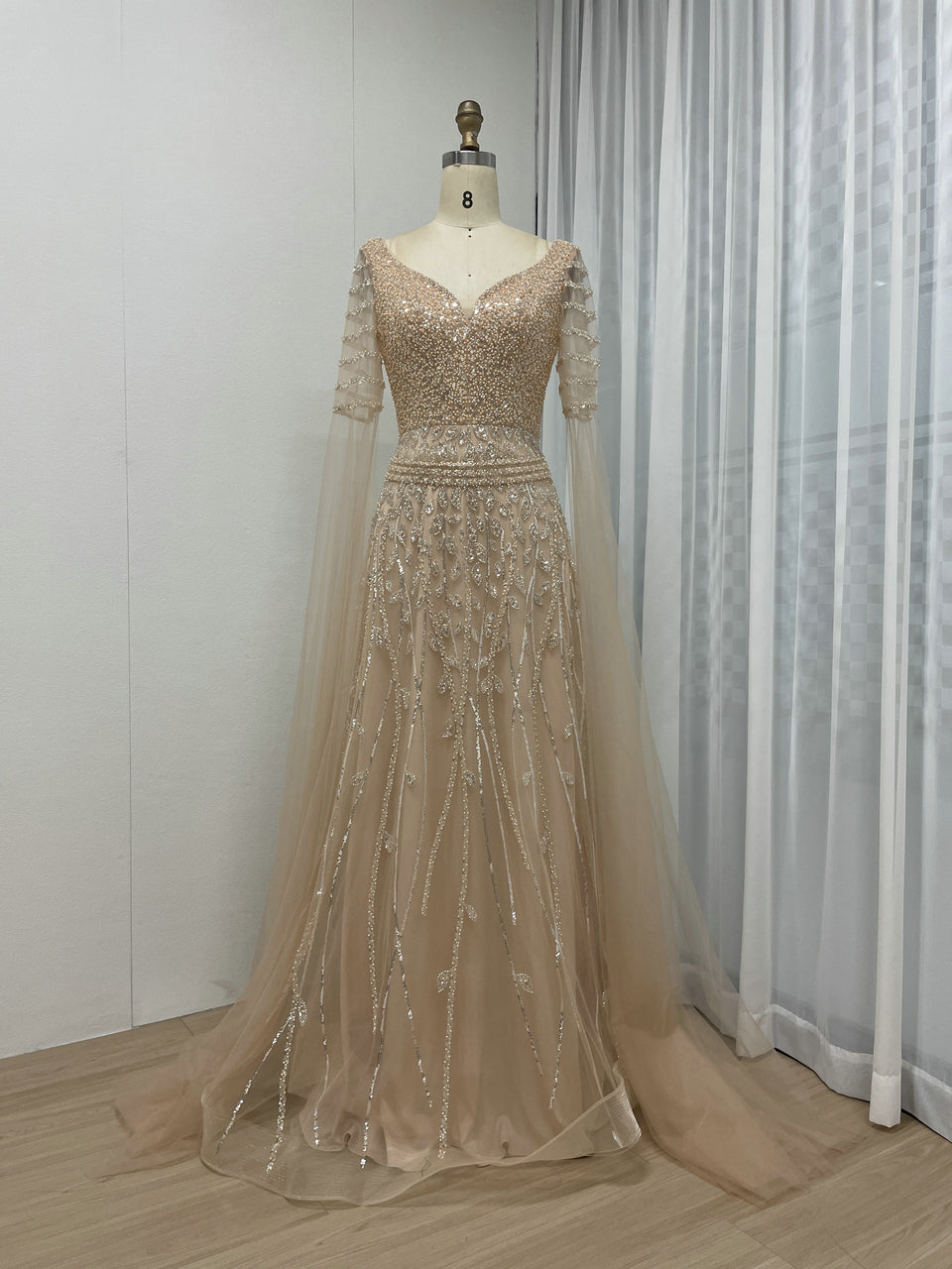 Plunging Neck A Line Couture Beading Lace Pink Evening Dress MB40285