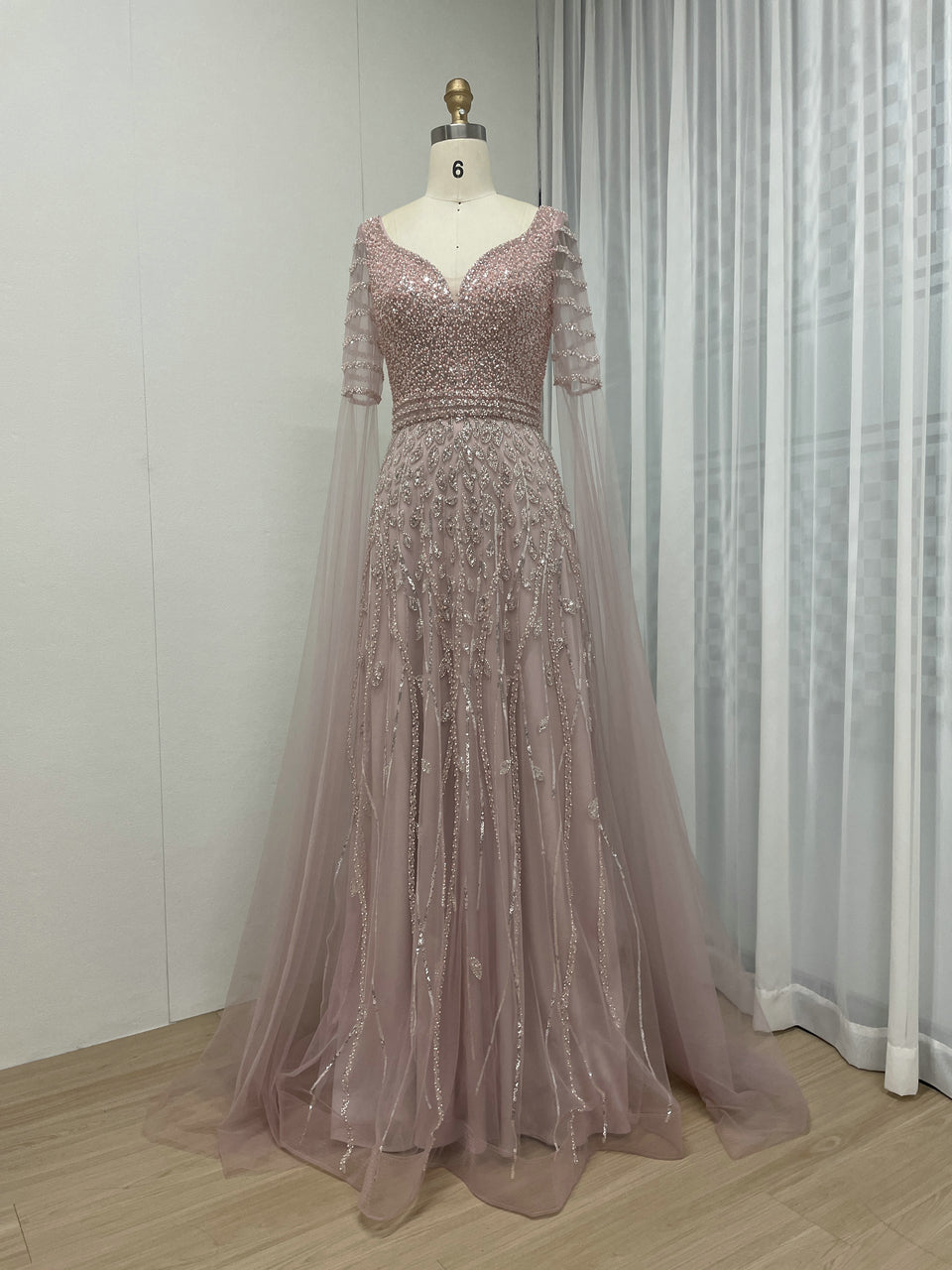Plunging Neck A Line Couture Beading Lace Pink Evening Dress MB40285