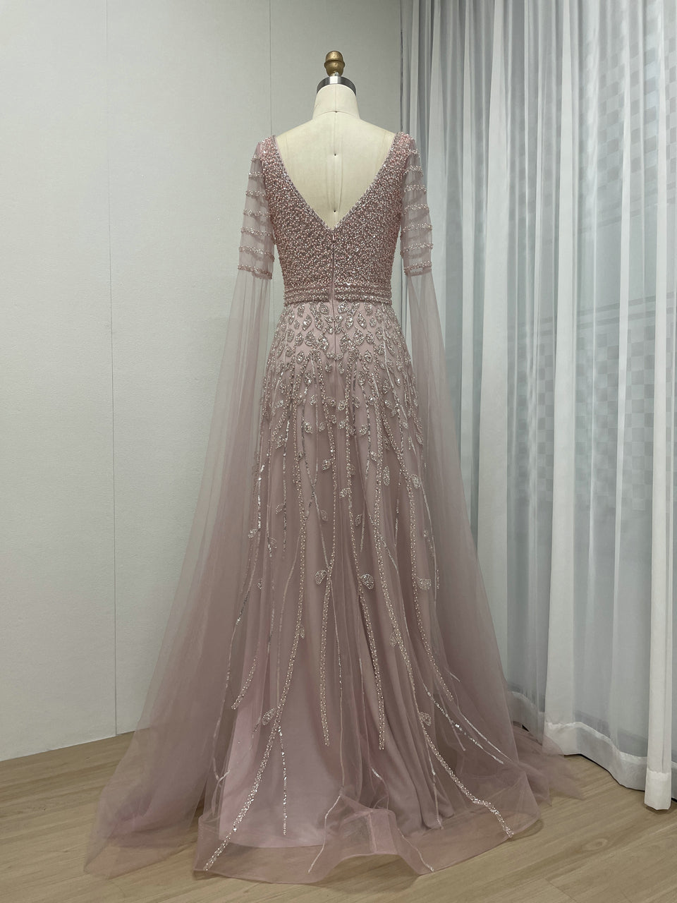 Plunging Neck A Line Couture Beading Lace Pink Evening Dress MB40285