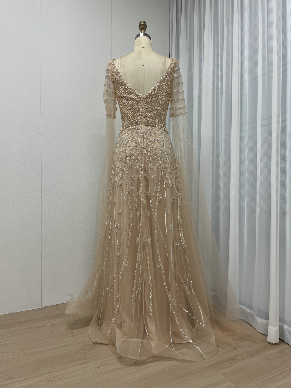 Plunging Neck A Line Couture Beading Lace Pink Evening Dress MB40285