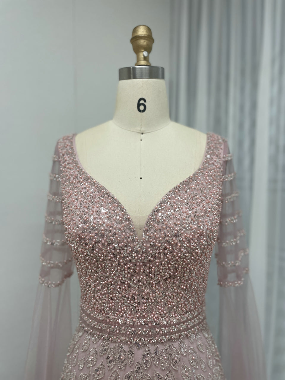 Plunging Neck A Line Couture Beading Lace Pink Evening Dress MB40285
