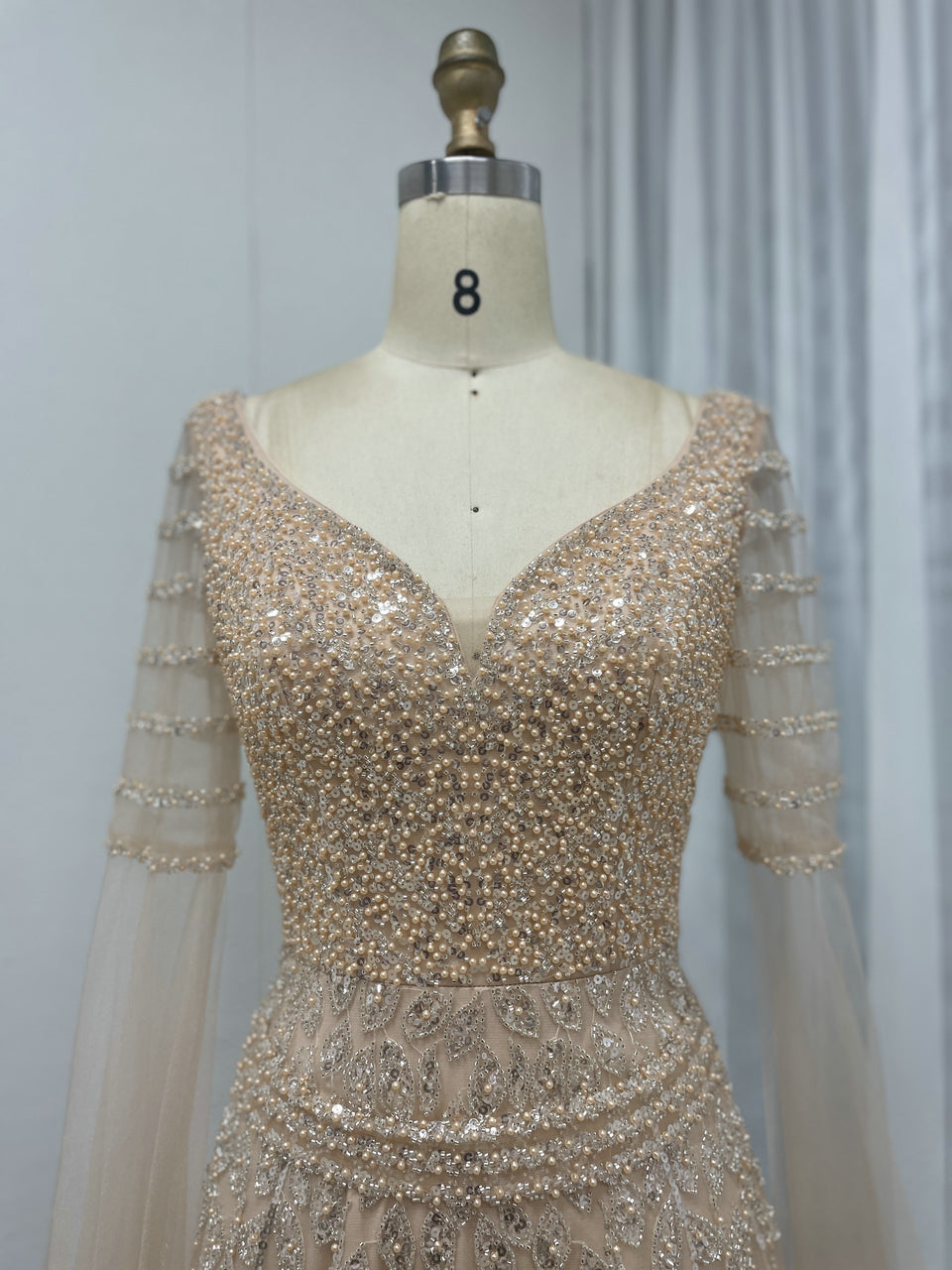 Plunging Neck A Line Couture Beading Lace Pink Evening Dress MB40285