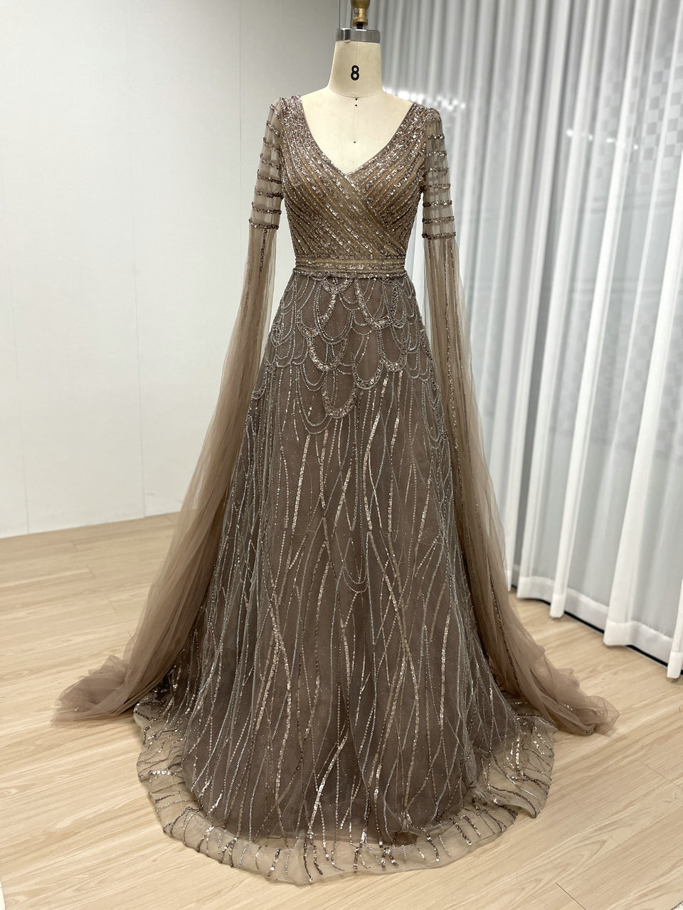 Luxury Beading Cape Sleeves A-Line Evening Dress for Elegant Plus Size Mother of the Bride Women MB40289