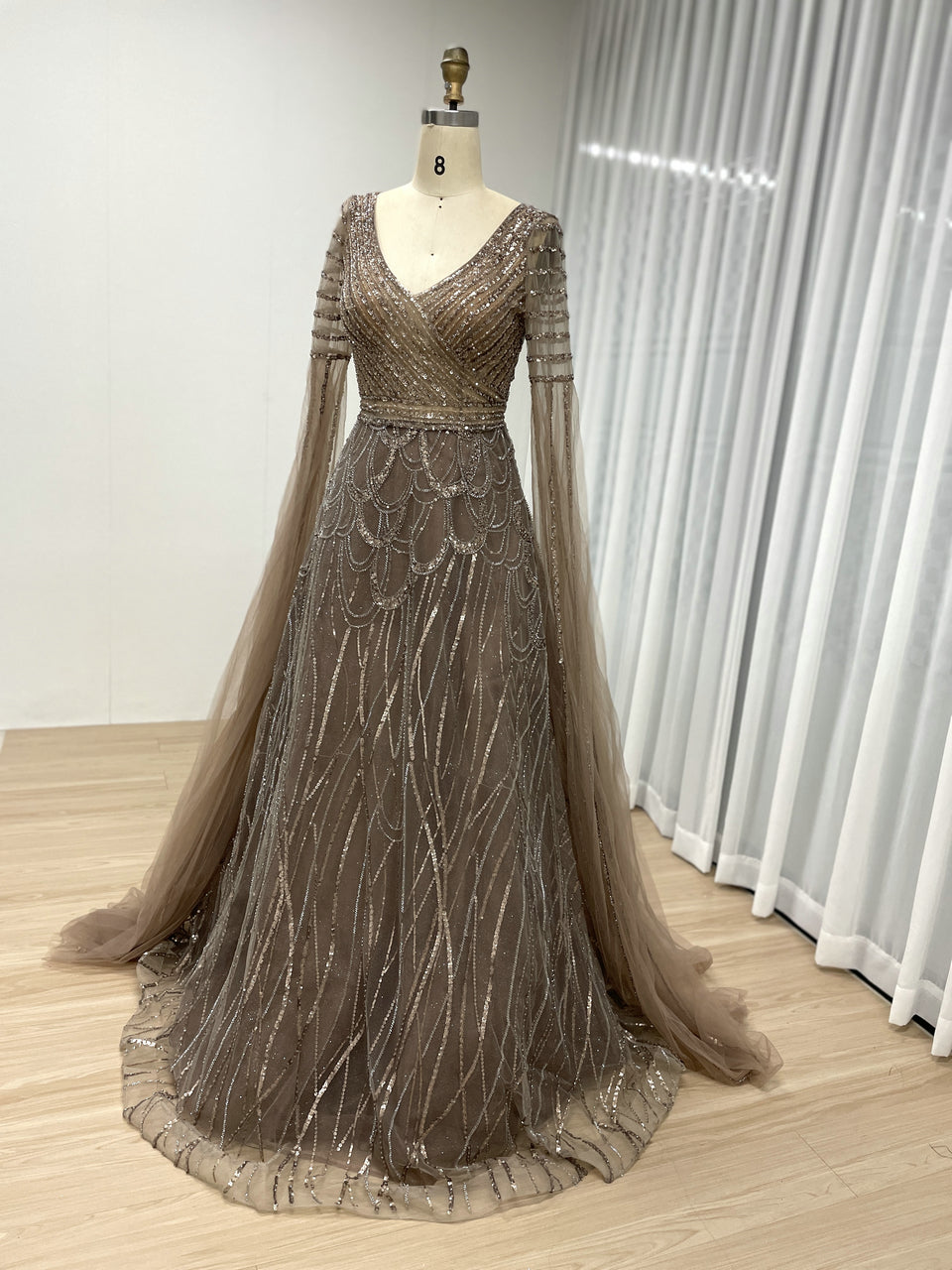 Luxury Beading Cape Sleeves A-Line Evening Dress for Elegant Plus Size Mother of the Bride Women MB40289