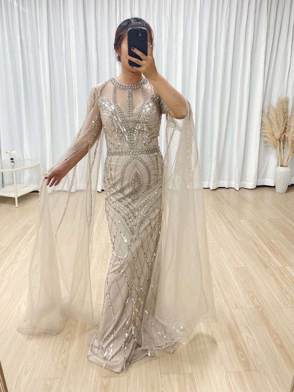 Luxury Beading Cape Long Sleeve CARAMEL Wedding Party Evening Dress MB40291-2