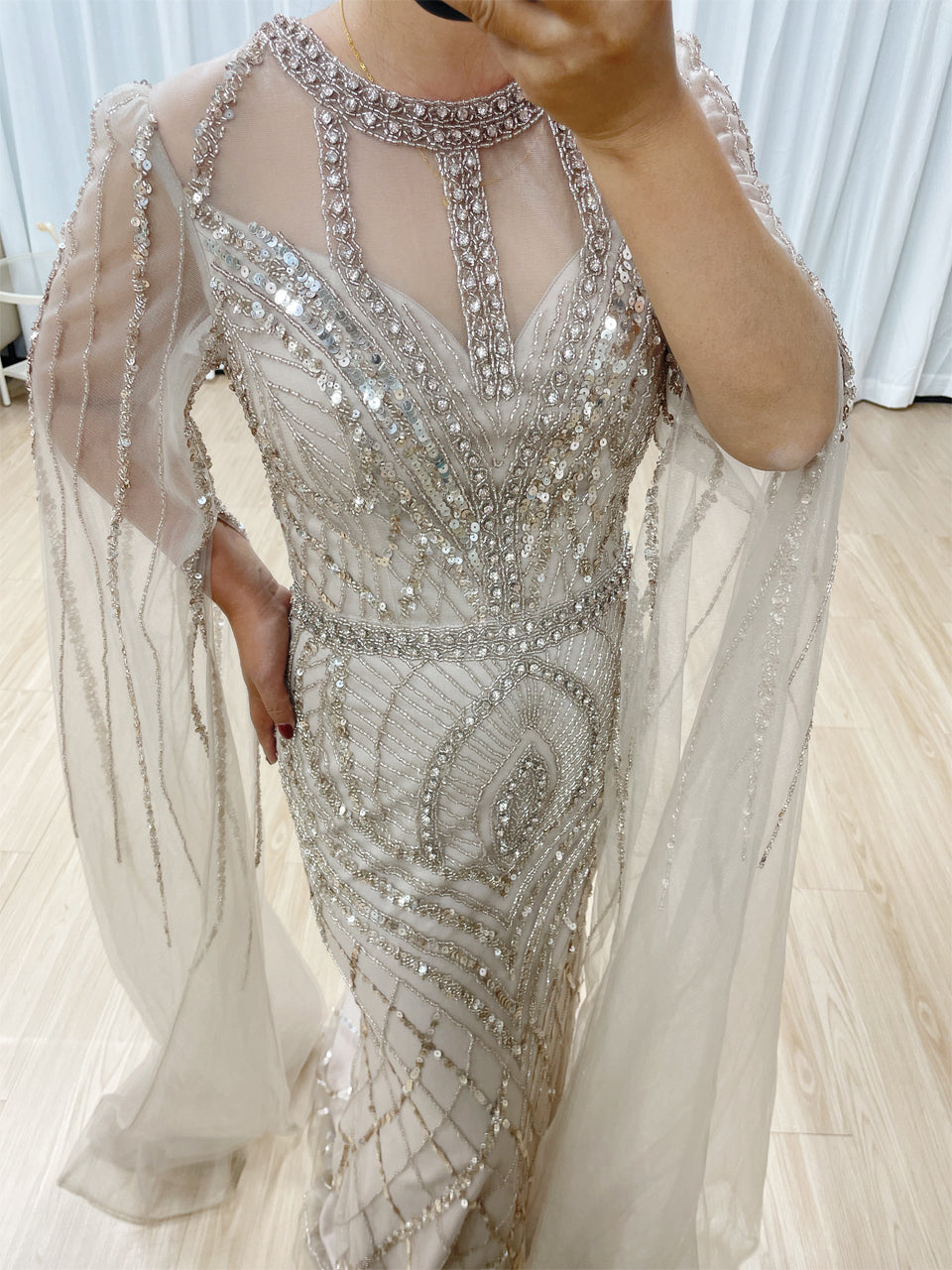 Luxury Beading Cape Long Sleeve CARAMEL Wedding Party Evening Dress MB40291-2