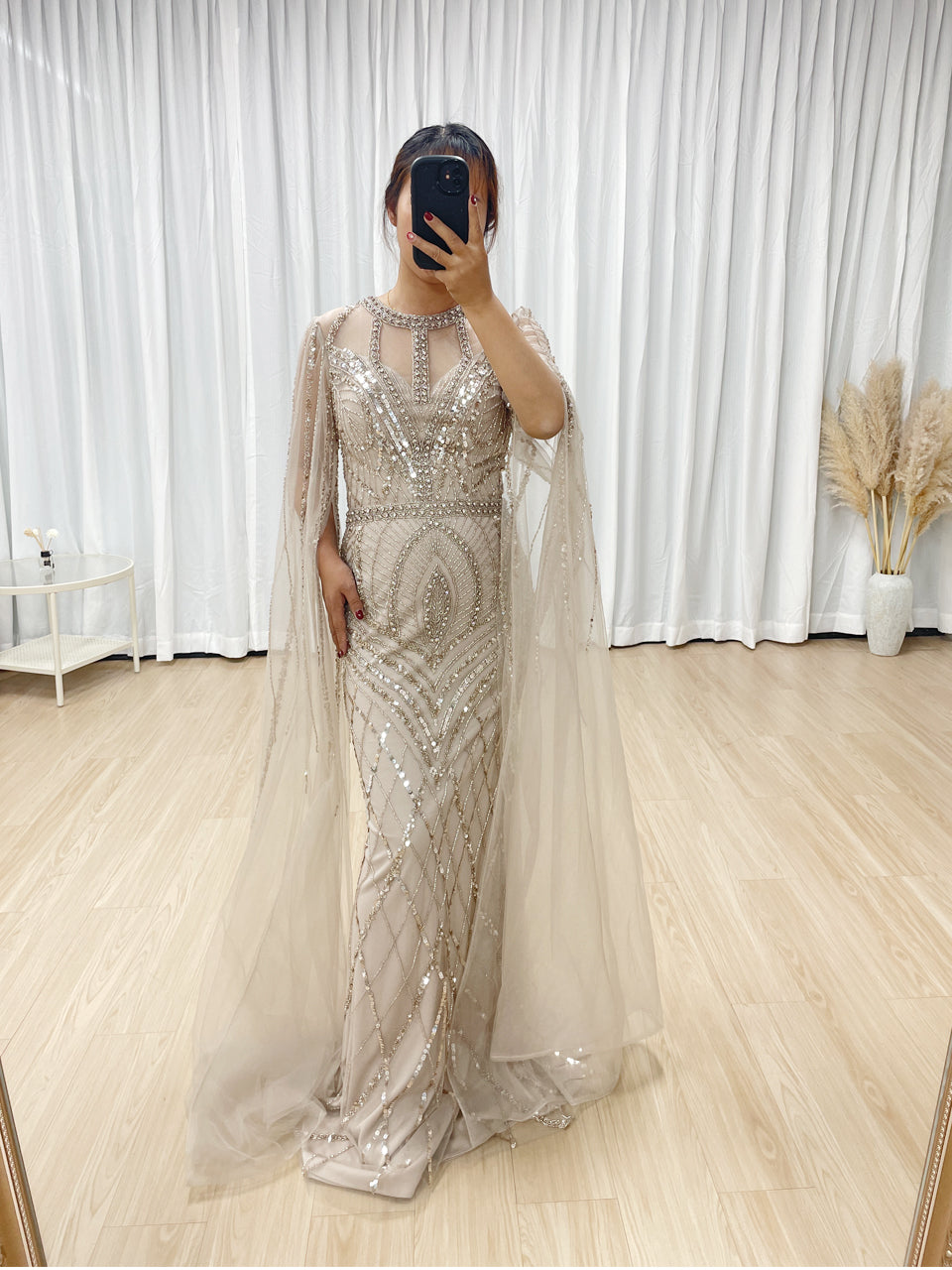 Luxury Beading Cape Long Sleeve CARAMEL Wedding Party Evening Dress MB40291-2