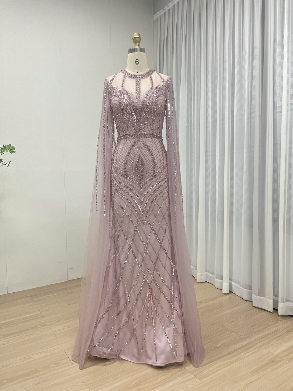 Luxury Beading Cape Long Sleeve CARAMEL Wedding Party Evening Dress MB40291-2