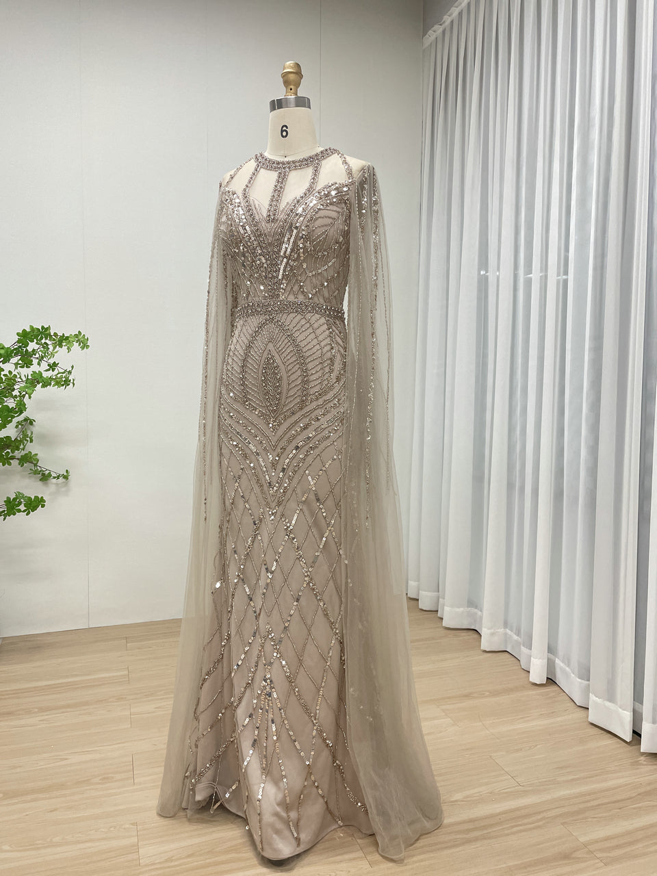 Luxury Beading Cape Long Sleeve CARAMEL Wedding Party Evening Dress MB40291-2