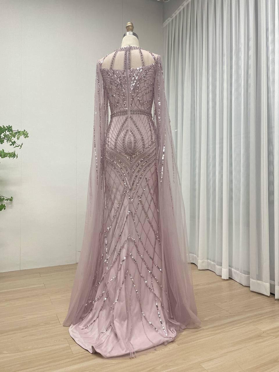 Luxury Beading Cape Long Sleeve CARAMEL Wedding Party Evening Dress MB40291-2