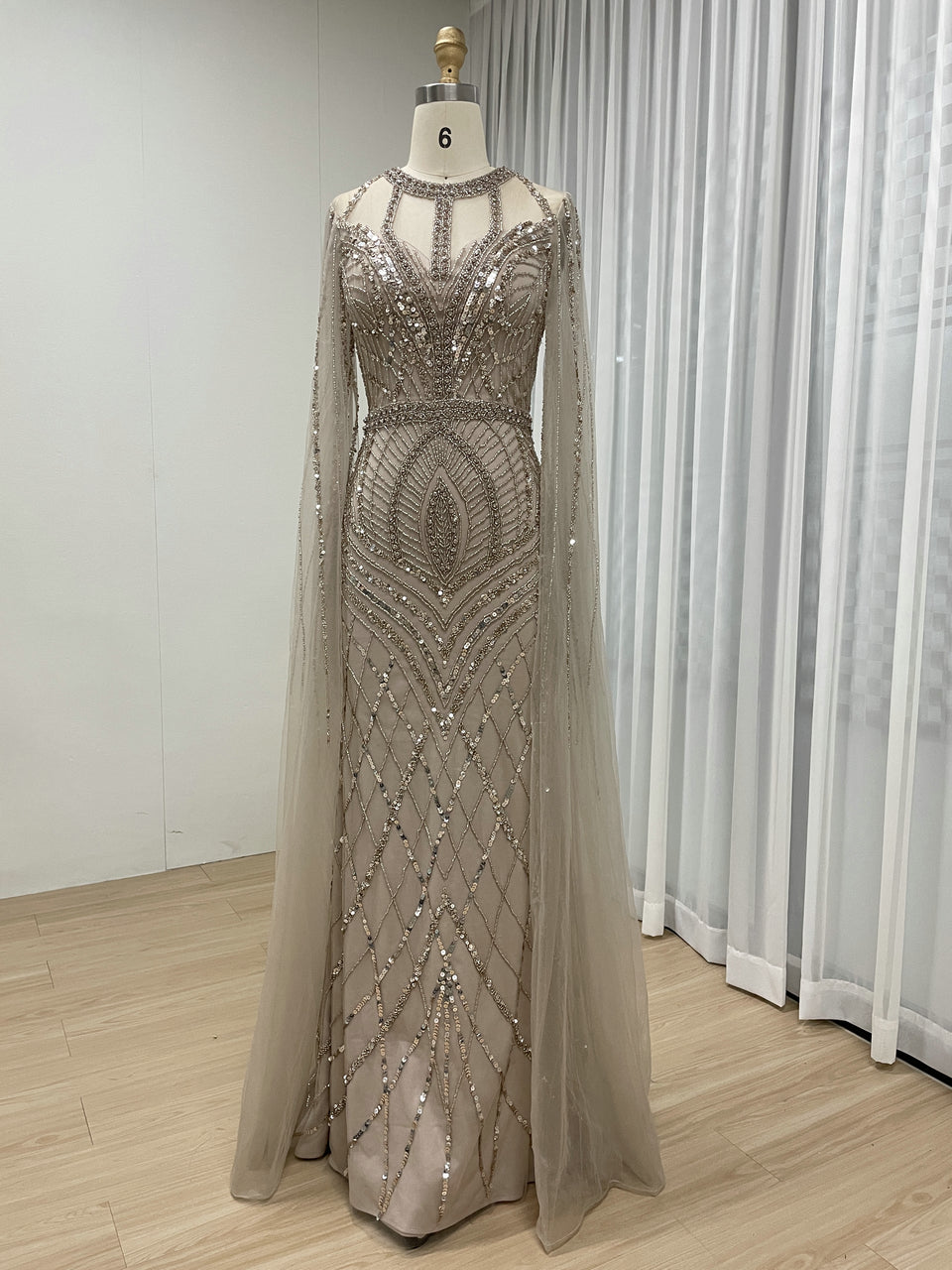 Luxury Beading Cape Long Sleeve CARAMEL Wedding Party Evening Dress MB40291-2