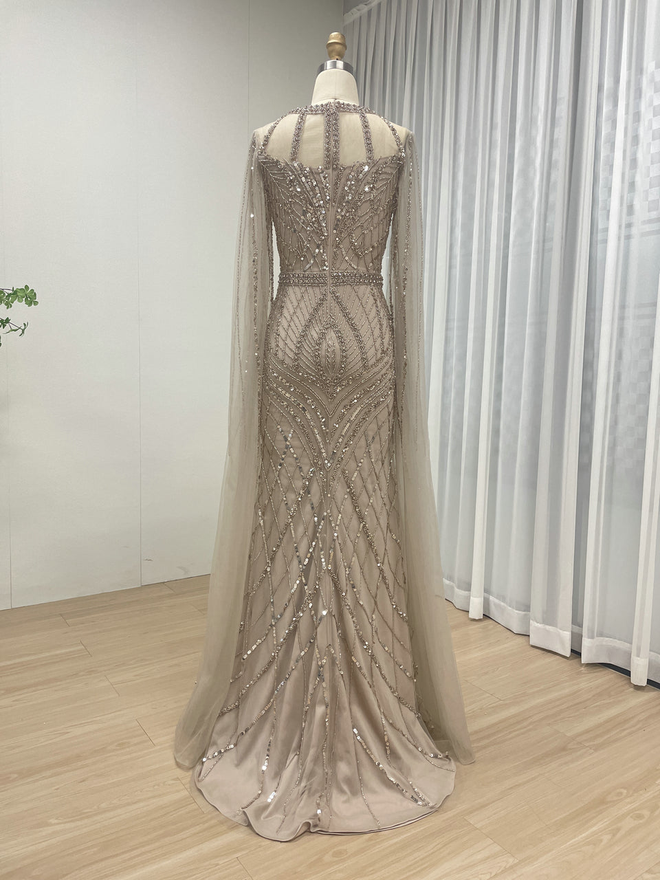 Luxury Beading Cape Long Sleeve CARAMEL Wedding Party Evening Dress MB40291-2