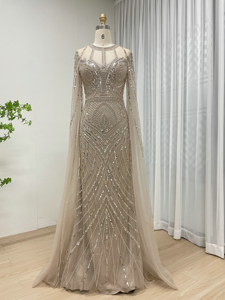 Champagne and Green Modest Long Sleeves Hand-Sewn Sequin Beaded Ball Gown Evening Dresses for Wedding Party Prom MB40291