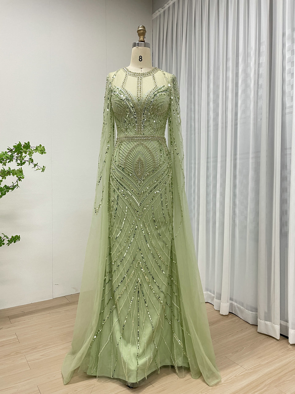 Champagne and Green Modest Long Sleeves Hand-Sewn Sequin Beaded Ball Gown Evening Dresses for Wedding Party Prom MB40291
