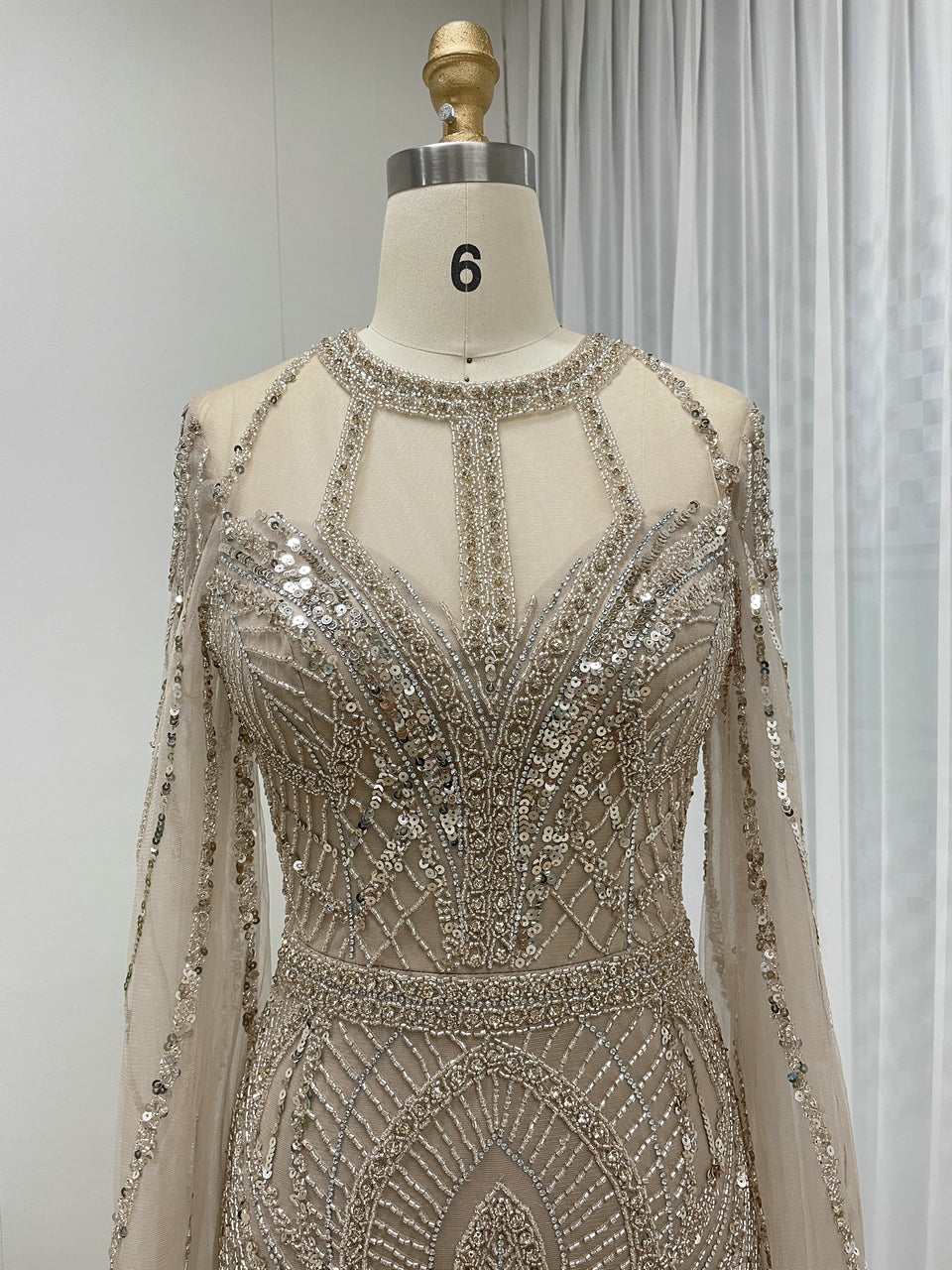 Champagne and Green Modest Long Sleeves Hand-Sewn Sequin Beaded Ball Gown Evening Dresses for Wedding Party Prom MB40291