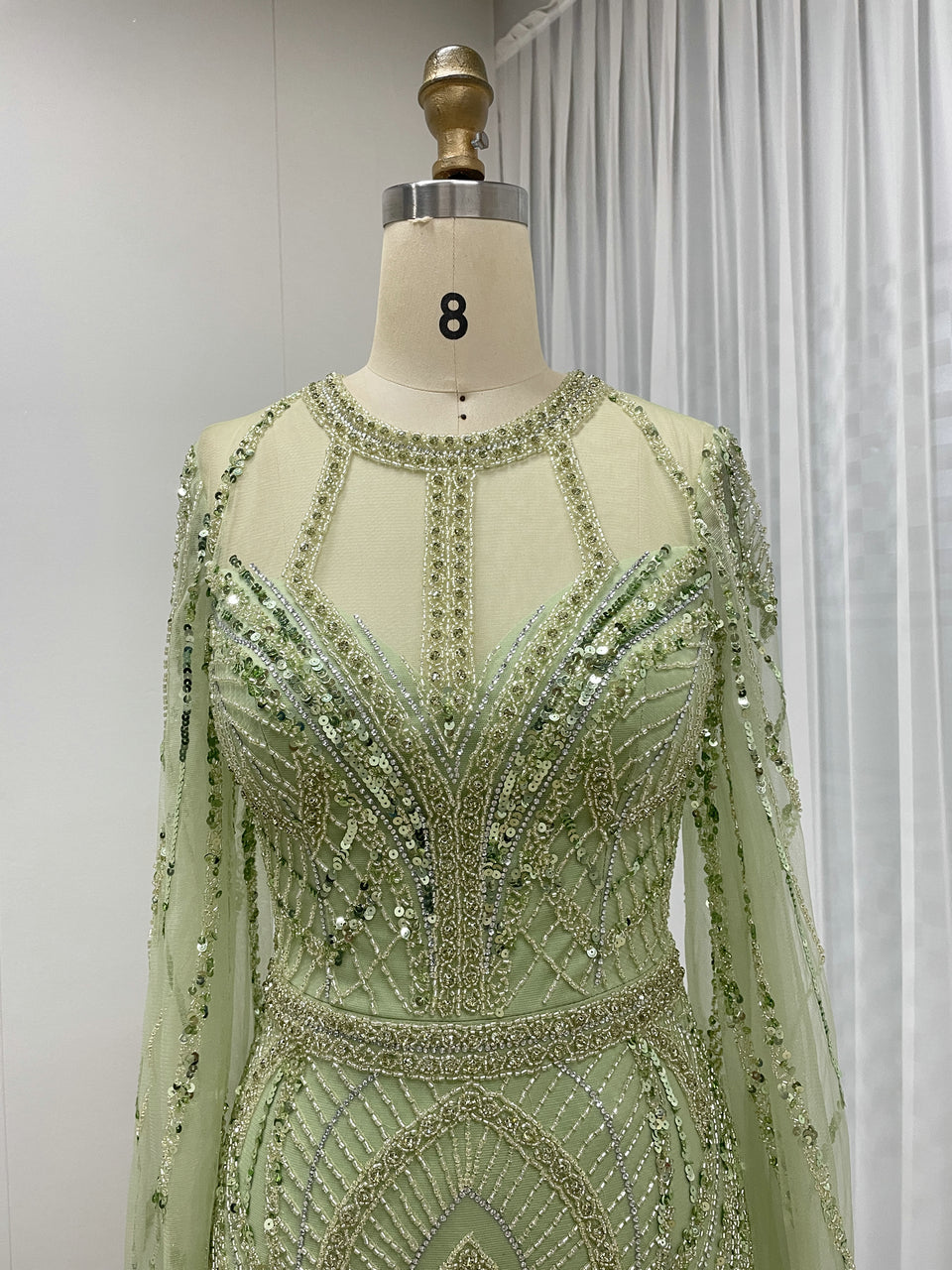 Champagne and Green Modest Long Sleeves Hand-Sewn Sequin Beaded Ball Gown Evening Dresses for Wedding Party Prom MB40291