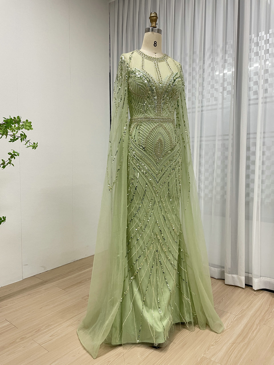 Champagne and Green Modest Long Sleeves Hand-Sewn Sequin Beaded Ball Gown Evening Dresses for Wedding Party Prom MB40291