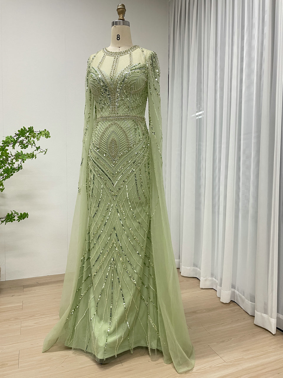 Champagne and Green Modest Long Sleeves Hand-Sewn Sequin Beaded Ball Gown Evening Dresses for Wedding Party Prom MB40291