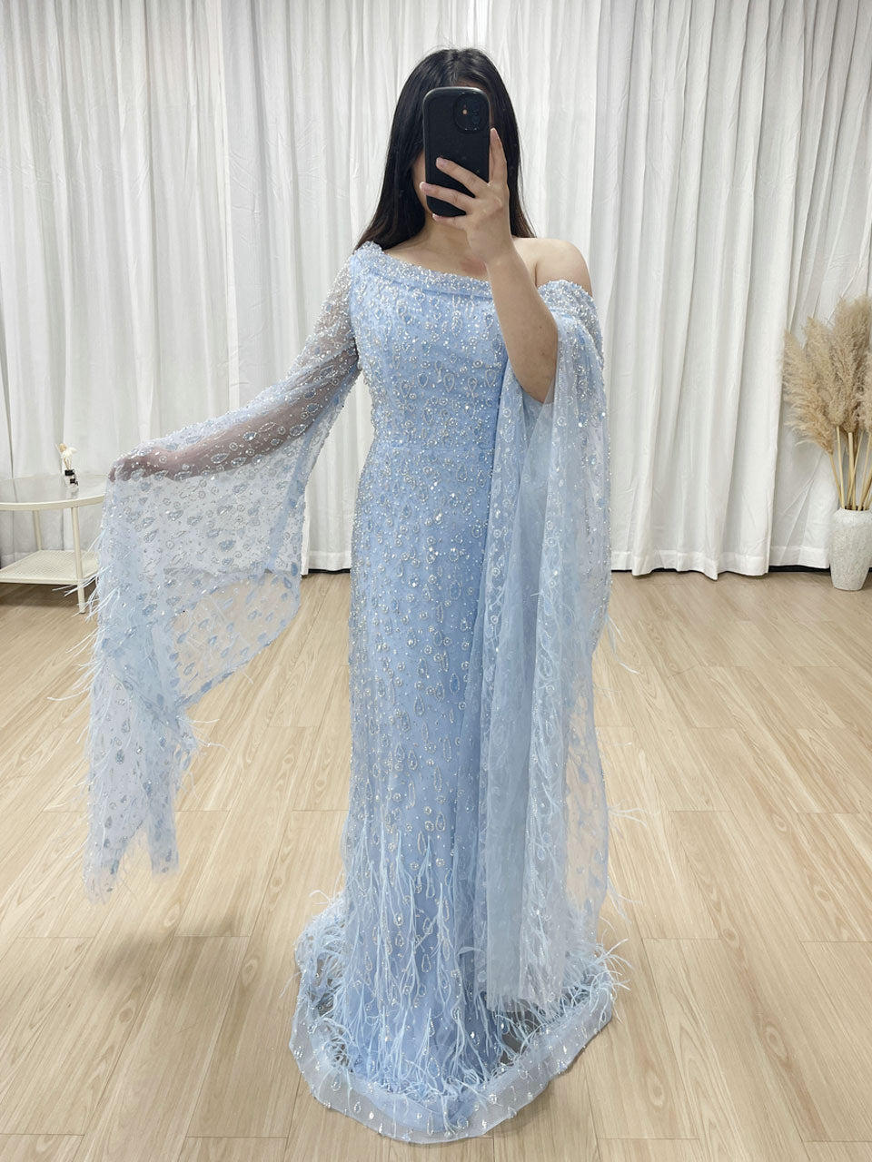 Luxury One Shoulder Cape Long Sleeve A Line Feather Wedding Party Dress MB40293