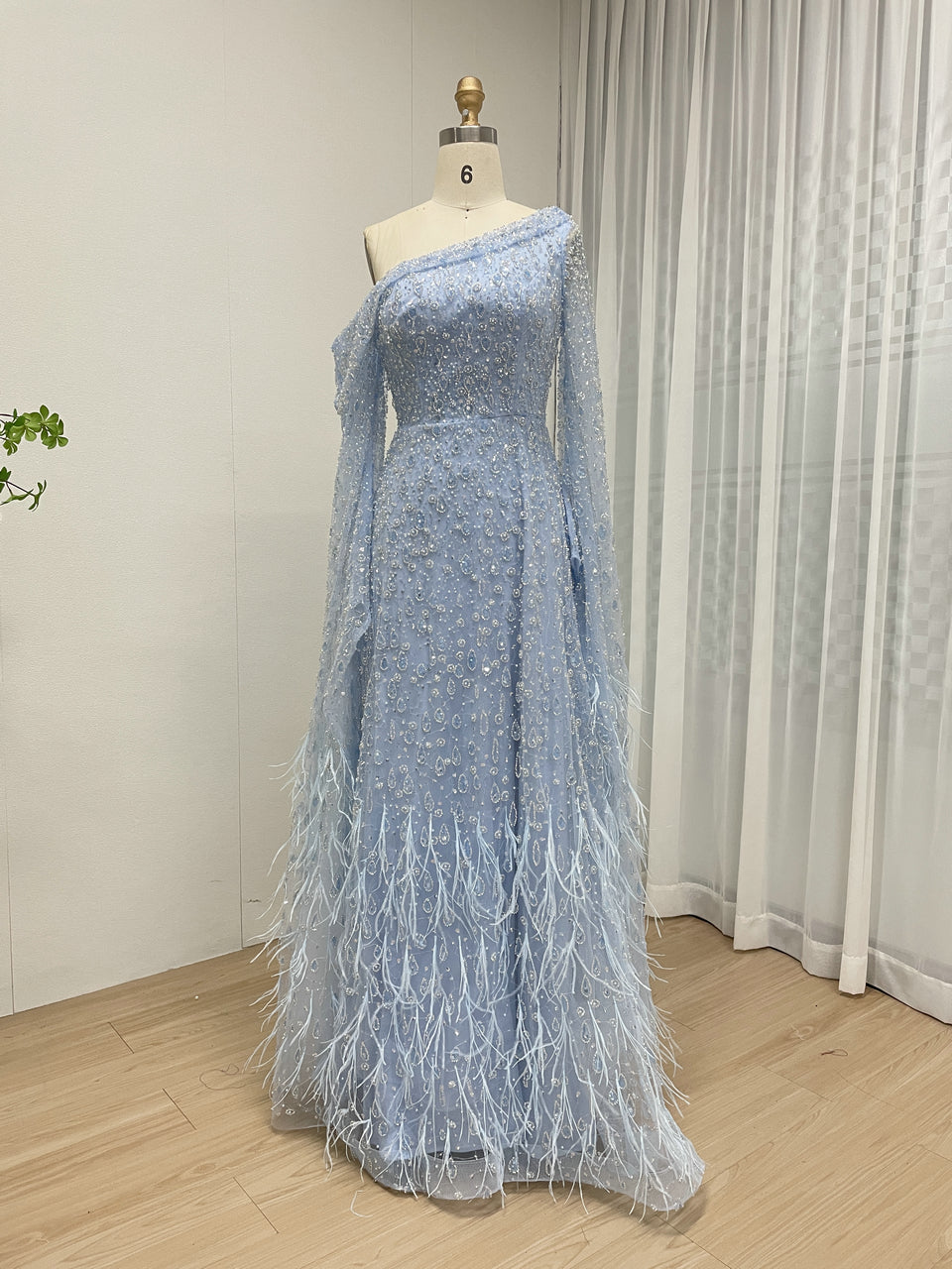 Luxury One Shoulder Cape Long Sleeve A Line Feather Wedding Party Dress MB40293