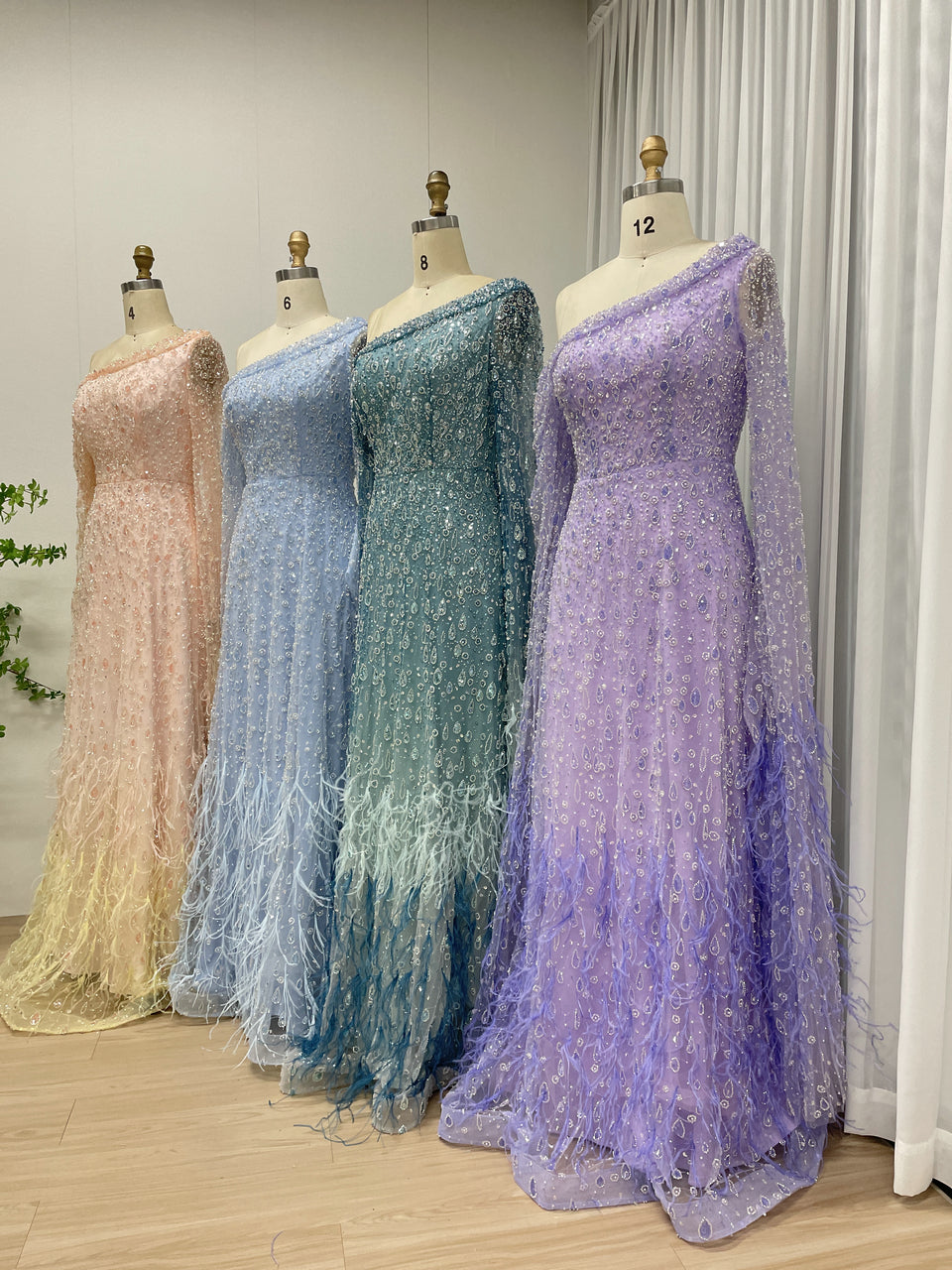Luxury One Shoulder Cape Long Sleeve A Line Feather Wedding Party Dress MB40293