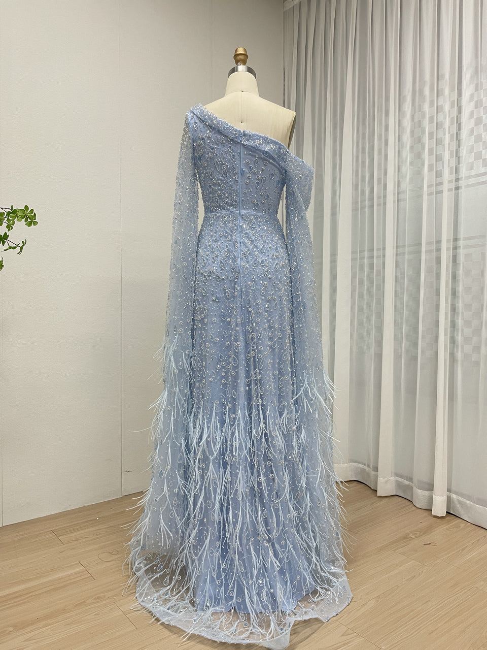 Luxury One Shoulder Cape Long Sleeve A Line Feather Wedding Party Dress MB40293