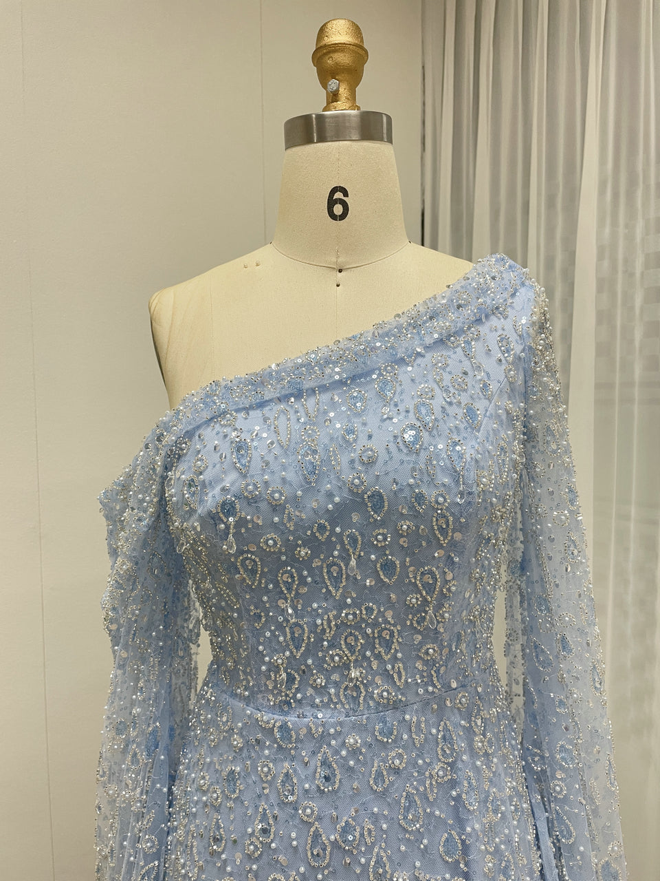 Luxury One Shoulder Cape Long Sleeve A Line Feather Wedding Party Dress MB40293