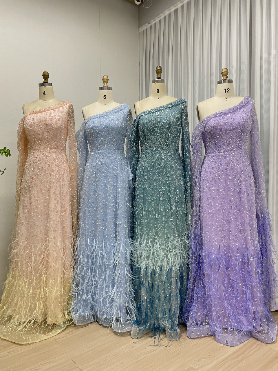 Luxury One Shoulder Cape Long Sleeve A Line Feather Wedding Party Dress MB40293
