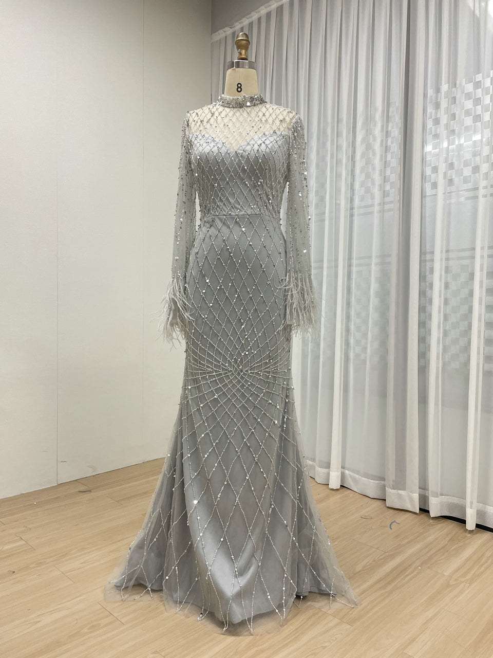 Luxurious Long Sleeve With Feathers Designer Evening Party Dress Handmade Haute Couture Evening Gown MB40294