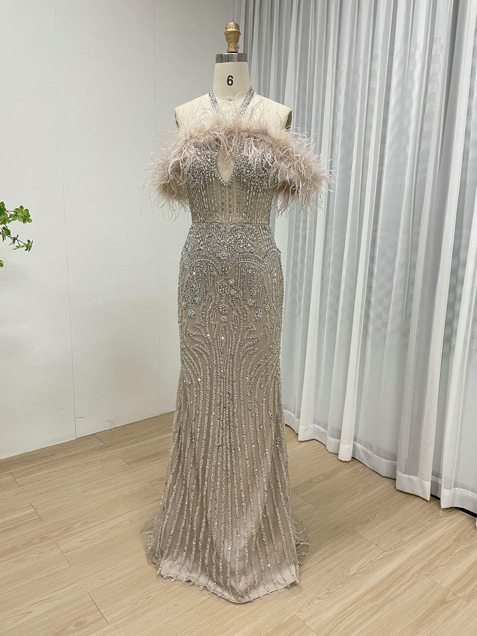Gorgeous Off Shoulder With Feathers Couture Handmade Beading Red Carpet Evening Dress MB40295